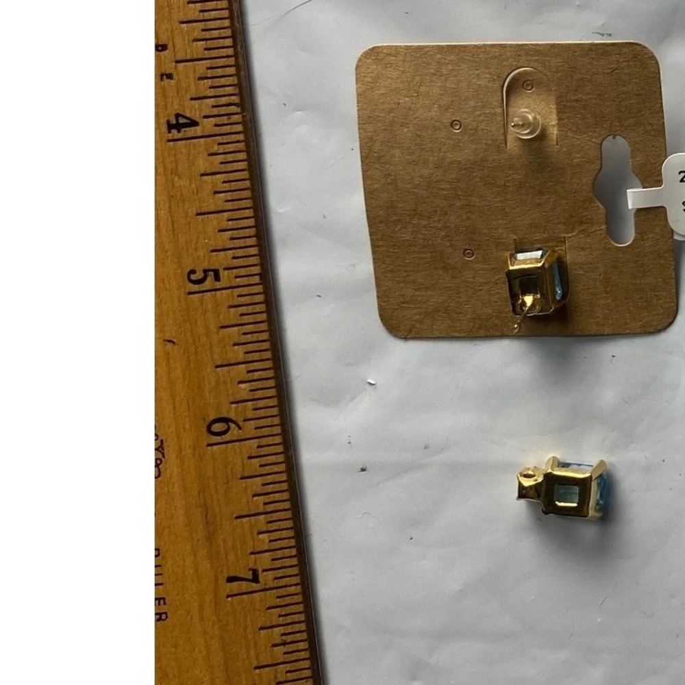 Gold Tone Square Stud Earrings with Blue Gem Accent